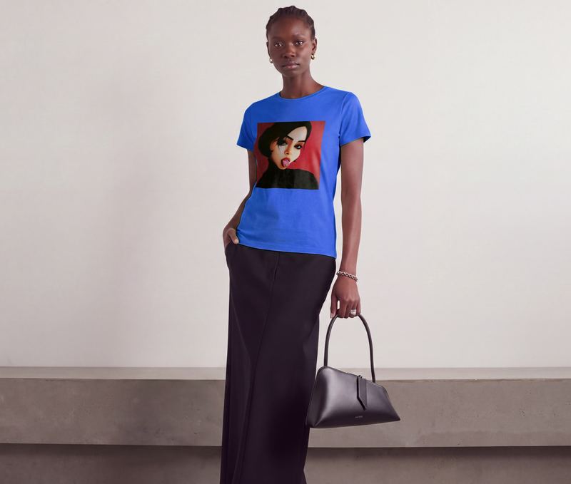 Blue printed t-shirt, closer front view